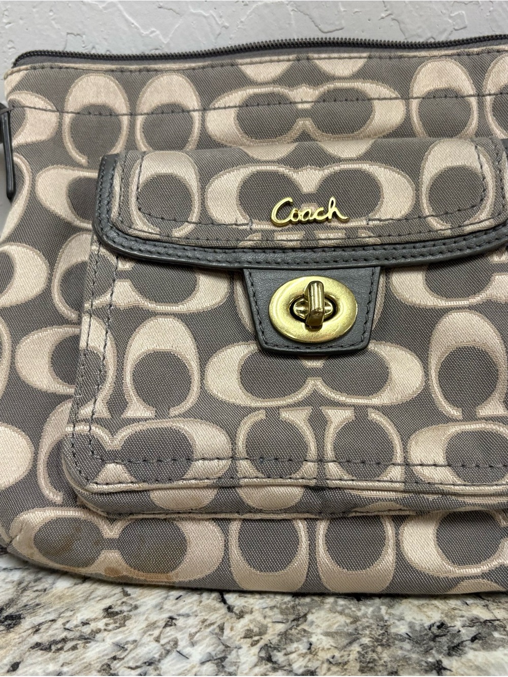 Coach Signature Crossbody Bag in Taupe and Khaki with Gold Hardware